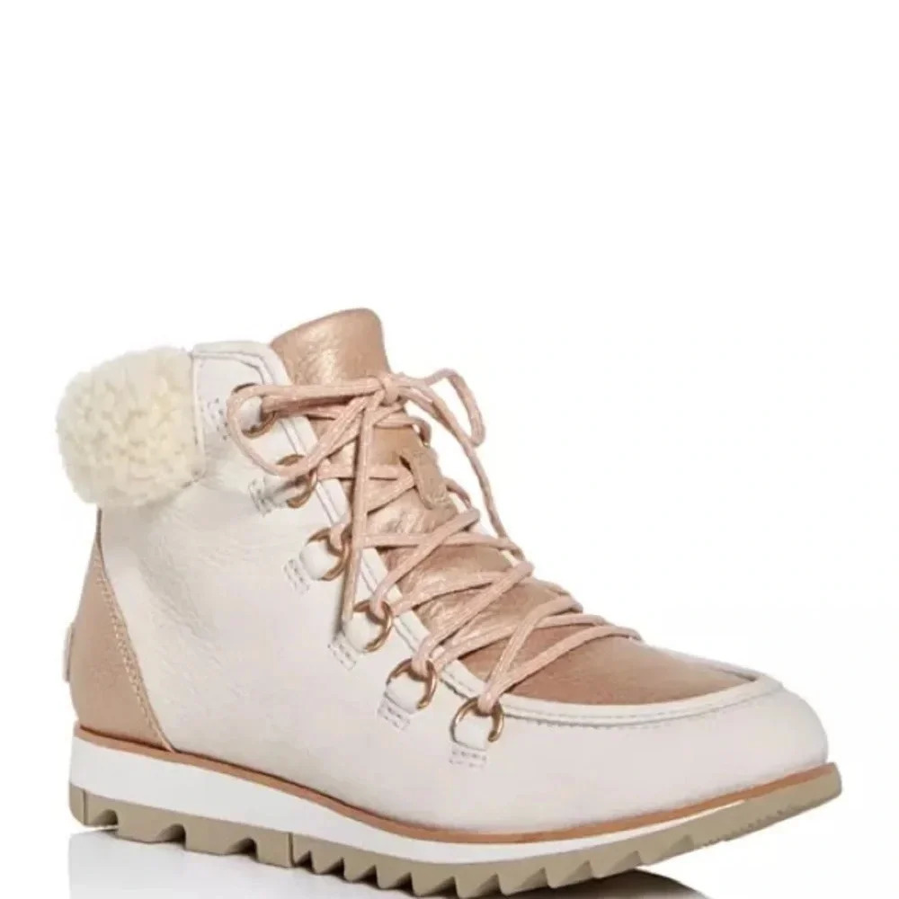 SOREL Women's Harlow Lace Lux Waterproof Leather Booties Rose Gold, Size 8.5